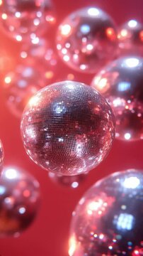 Captivating display of sparkling disco balls reflecting vibrant lights. Ideal for Social Media, Stories