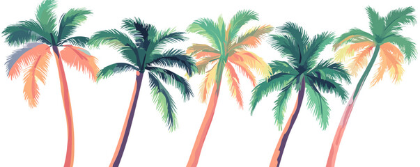 Obraz premium Colorful tropical palm trees against white background in a vibrant tropical scene.