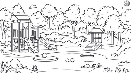 Naklejka premium Black and white playground drawing, kids play area, nature background, coloring book image, use for coloring books, educational resources