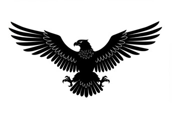 Eagle silhouette, spread wings, fierce raptor, heraldic symbol, black and white illustration, detailed feathers, sharp beak, powerful talons, majestic pose
