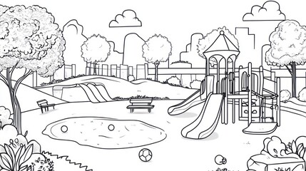 Black and white children's playground drawing, city park, outdoor play area, use for coloring book or educational material