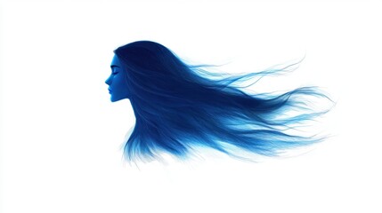 Fototapeta premium Dreamlike Blue Haired Woman Silhouette with Flowing Hair Against a White Background for Artistic and Creative Projects