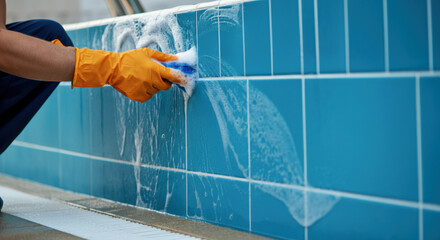 Cleaning blue tiled pool surface using sponge and soap during a bright day in a residential backyard area