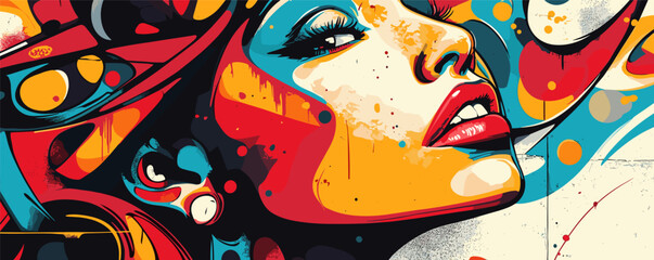 Obraz premium Vibrant abstract portrait of a woman with colorful patterns and bold expressions.