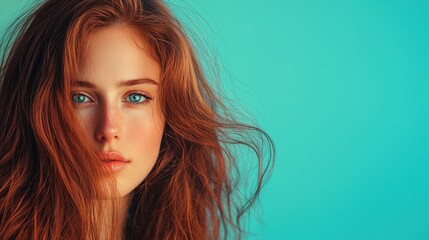 Naklejka premium Portrait of a Young Woman with Red Hair Against a Soft Blue Background Emphasizing Natural Beauty and Confidence in Contemporary Fashion Photography