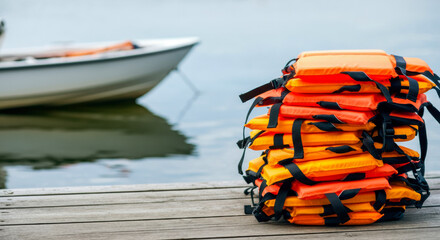 Obraz premium Life jackets neatly stacked on a dock near a small boat ready for water activities in the late afternoon light