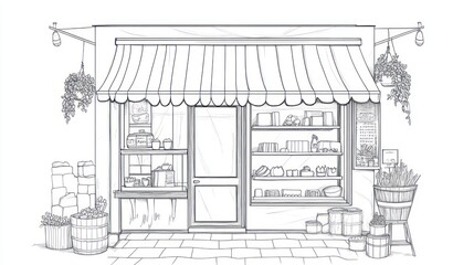 Sketch of a charming storefront, plants, groceries, street scene. Possible use coloring book, children's book, educational material