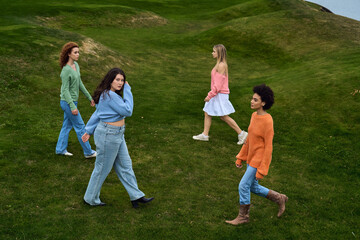 Fototapeta premium Springtime stroll embraces fashion and nature in a vibrant outdoor setting for confident women