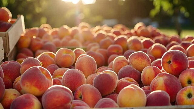 Fresh peaches displayed in crates during golden hour at a farmers market in late summer