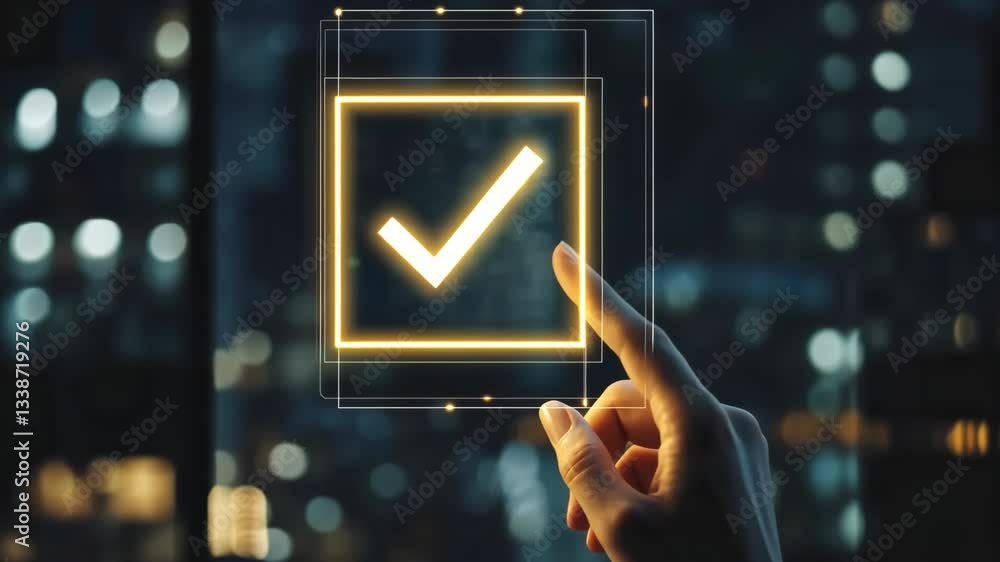 Poster A hand gestures towards a glowing checkmark on a transparent screen, symbolizing technological advancements and decisionmaking in a dynamic urban setting thriving on innovation and connectivity
