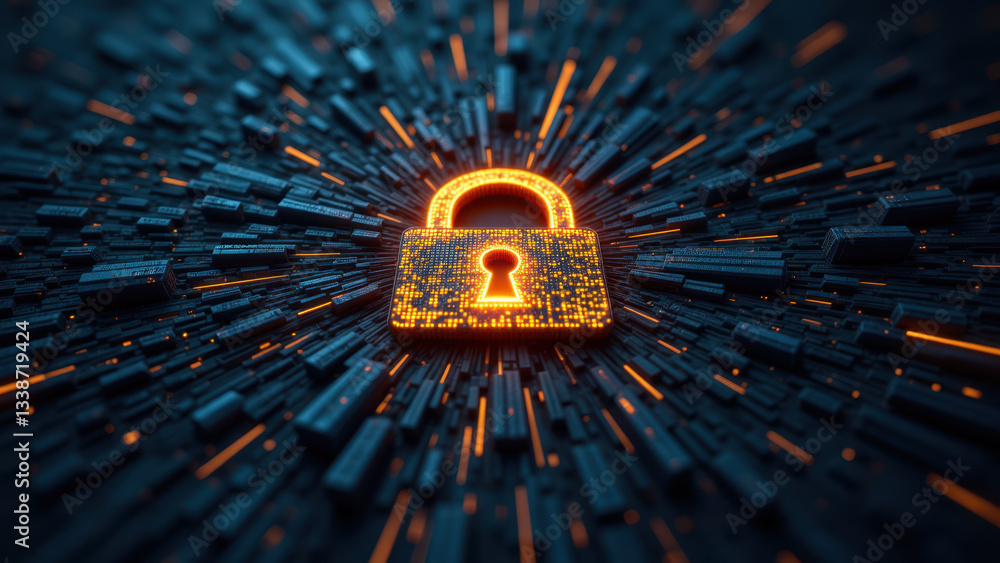 Poster cybersecurity lock with glowing neon lights and digital matrix background, symbolizing protection of