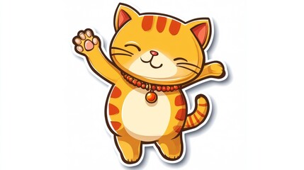 Obraz premium Cute cartoon cat waving, cheerful, simple design, stock image