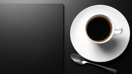 Black menu mockup with white coffee cup on saucer and spoon, Top view. Elegant restaurant or cafe branding concept. Copy space, professional menu presentation for fine dining,coffee shop. Mock up