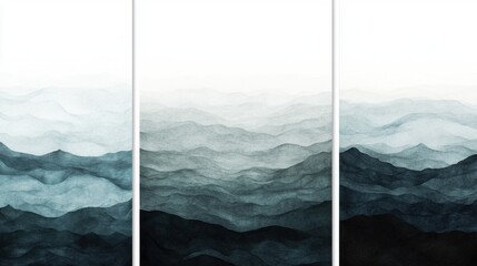 Misty Mountains Triptych with Watercolor Landscape Art.