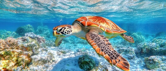 Fototapeta premium Graceful sea turtle swimming in crystal clear turquoise ocean water over coral reef in tropical paradise