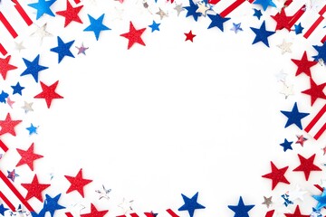 Fototapeta premium Patriotic Frame with Red Stripes and Blue Stars on White Background