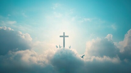 Serene Heaven with Radiant Cross and Soaring Doves Surrounded by Soft Clouds and Gentle Blue Sky Illuminating the Divine Light of Faith.