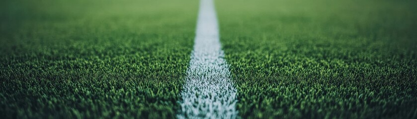 A close-up view of green grass on a sports field, featuring a white line that marks the playing area.