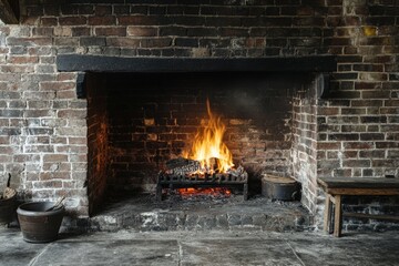 Cozy evening by the large brick fireplace with roaring flames creating a warm atmosphere Generative AI