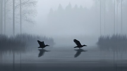 Fototapeta premium Misty Lake Birds Silhouette with Forest Dawn.