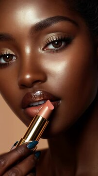 Exploring beauty techniques with stunning lip makeup at a studio during golden hour. Ideal for Social Media, Stories, Advertising