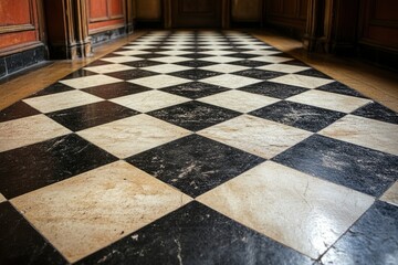 Elegant Checkered Floor in Classic Hallway