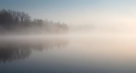 Fototapeta premium A calm, misty morning scene of a lake with fog rising from the water and trees in the background, offering a peaceful 