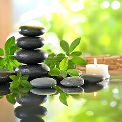 Stacked pebbles carefully balanced on a tranquil reflective surface surrounded by lush greenery and natural elements creating a serene and calming Zen like composition