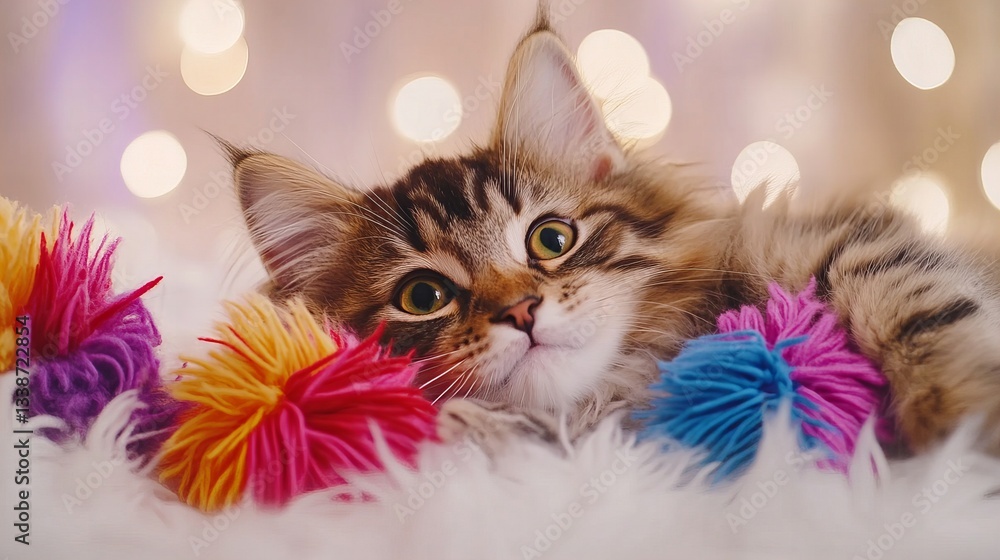 Poster a fluffy kitten is playfully resting on a soft white surface among colorful yarn balls, with bokeh l