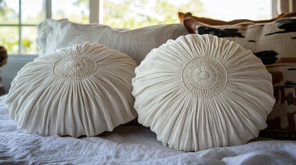 Obraz premium Cream pleated cushions, bedroom, sunlight, boho decor, home styling