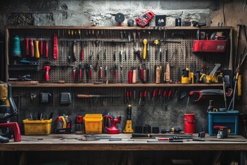 Pruning tool set arranged neatly on shelves in a well organized workshop with various gardening tools Generative AI