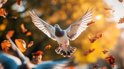 Obraz premium Pigeon is flying through a pile of autumn leaves