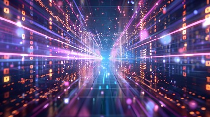 Obraz premium Vibrant and captivating geometric pattern design with a grid based digital matrix featuring glowing neon pink and purple tones