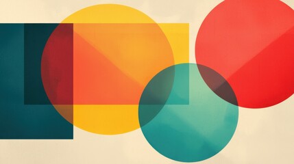 Obraz premium Abstract Composition of Geometric Shapes in Bright Colors Featuring Circles and Rectangles Against a Soft Background for Art and Design Use