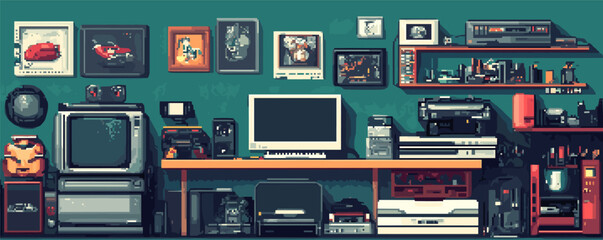 Retro gaming room with vintage consoles, old tv, and pixel art on shelves and walls.