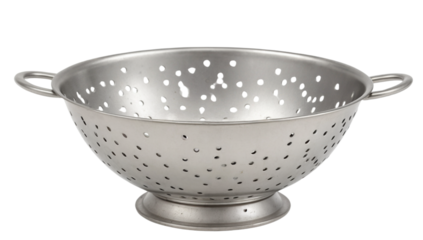 Stainless Steel Colander: This image shows a stainless steel colander with many holes for draining food. Featuring its robust design and practical nature, set against an unadorned background. 