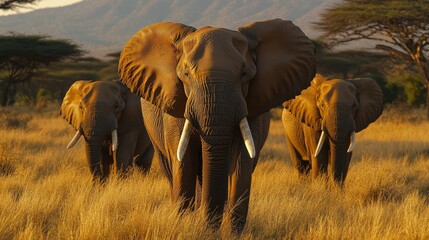 Fototapeta premium Three elephants standing majestically in golden grassland during sunset, with mountains in the background