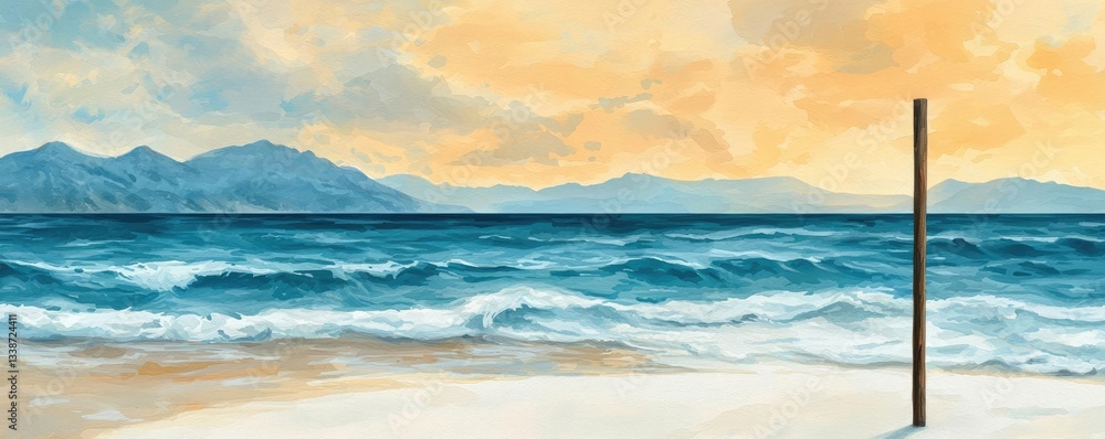 Poster beach waves landscapes idea. a serene beach scene featuring calm waves and distant mountains under a