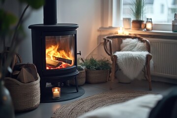 Wood burning stove creates a cozy atmosphere in a minimalist living space with natural lighting Generative AI