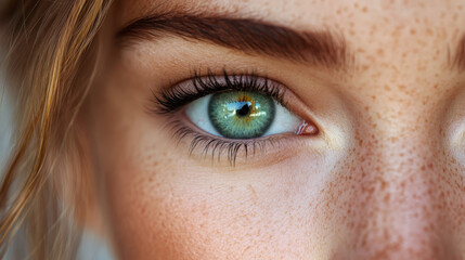 close up of person eye with striking green color, surrounded by freckles and detailed skin texture, showcasing natural beauty