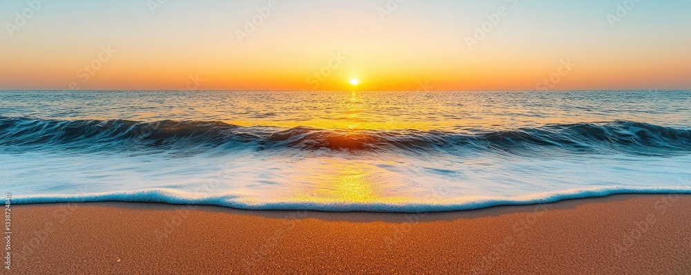 Poster beach waves landscapes idea. a serene sunset illuminating a tranquil beach with gentle waves lapping