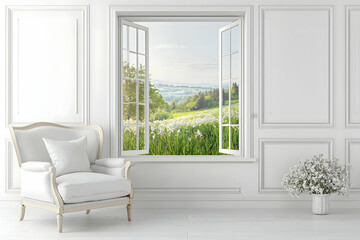 3D rendering of a Scandinavian-style living room with an armchair and a picturesque summer landscape outside.