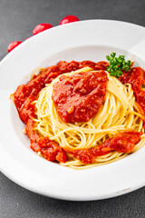 Spaghetti bolognese pasta tomato sauce tasty fresh delicious gourmet food background table rustic food top view copy space