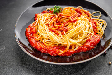 Spaghetti bolognese pasta tomato sauce tasty fresh delicious gourmet food background table rustic food top view copy space