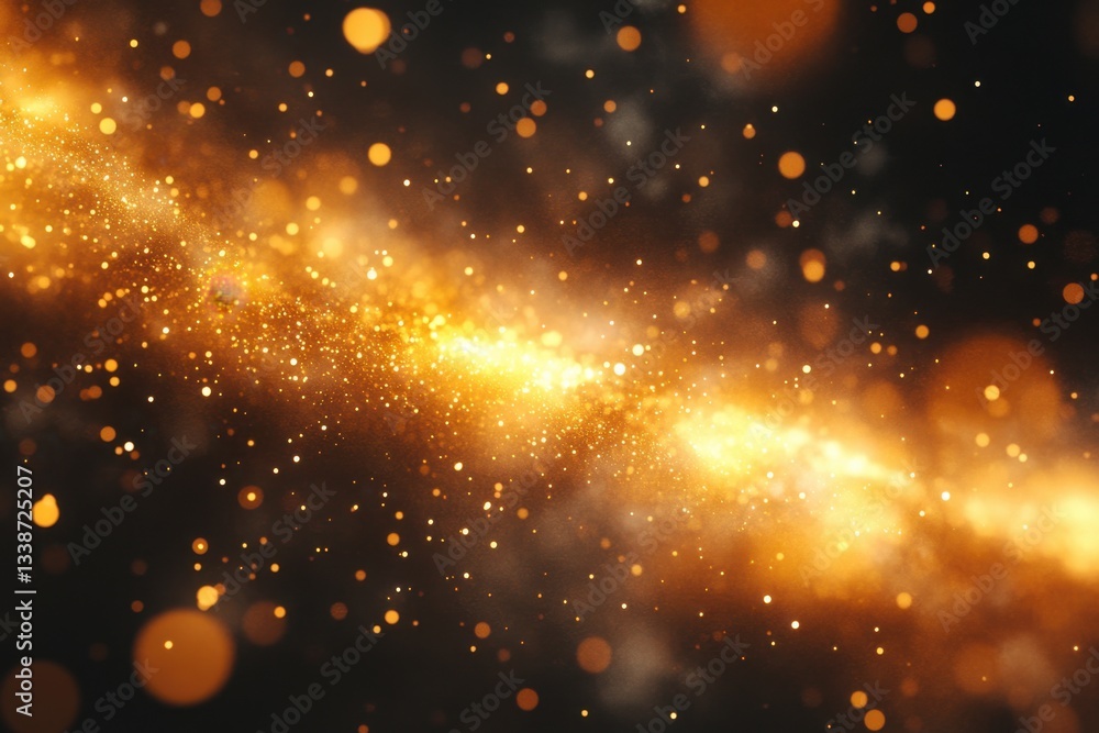 Poster golden light stream with sparkling particles and bokeh effect against a dark background for festive 