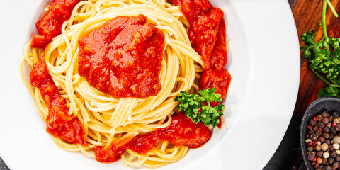 Spaghetti bolognese pasta tomato sauce tasty fresh delicious gourmet food background table rustic food top view copy space