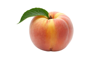 Ripe Peach with Leaf: A perfectly ripe peach, showcasing its vibrant colors and velvety texture, is adorned with a fresh green leaf, capturing the essence of summer's bounty. 