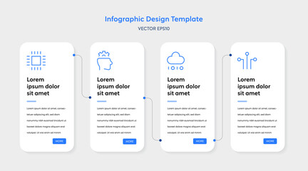 Infographic Tech Template with Minimal Clean Modern Elements. UI Interface Linear Layout 4 Step Connecting Node feathering AI Data Analysis Semiconductor Icons Marketing Business Report Presentation