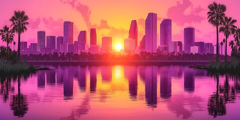 Fototapeta premium Cityscape reflecting in calm water during a vividly colorful sunset casting pink hues