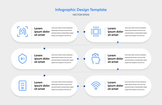 Infographic Tech Template with Minimal Clean Modern Elements. Interface Layout 6 Step Process Connecting Six Node feathering AI Data Analysis Semiconductor Icons Business Report Presentation